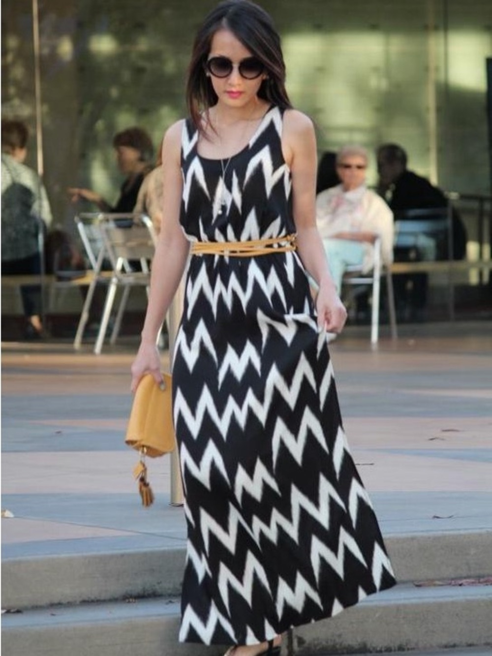 H&M Women’s Black and White Chevron Maxi Dress with Slits - size 14